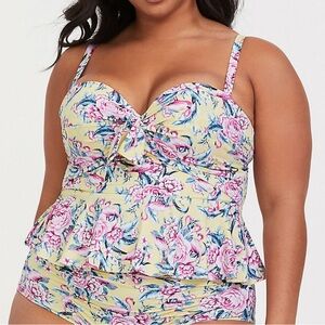 Torrid Vixen Swim Collection Yellow Flamingo Floral Peplum Tankini Top 2S NWT